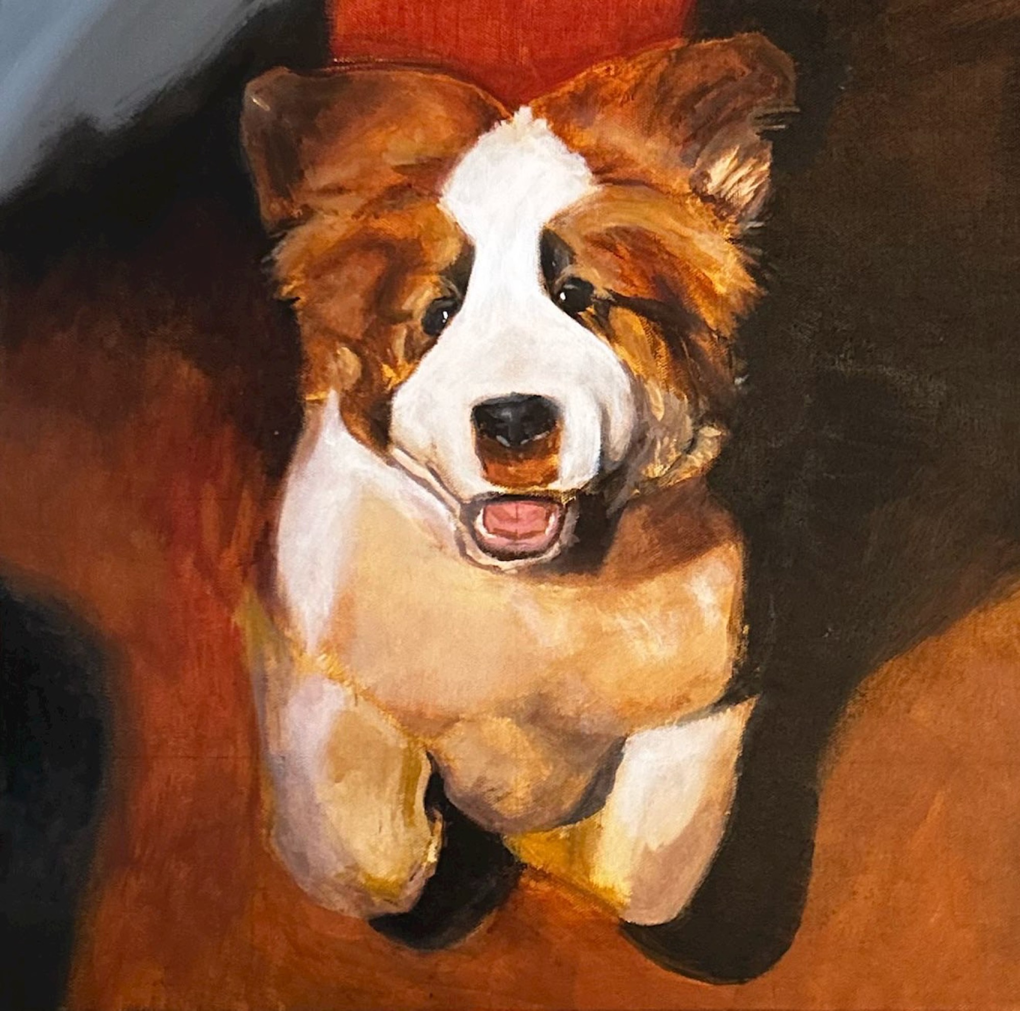 Puppy looking up, warm tones