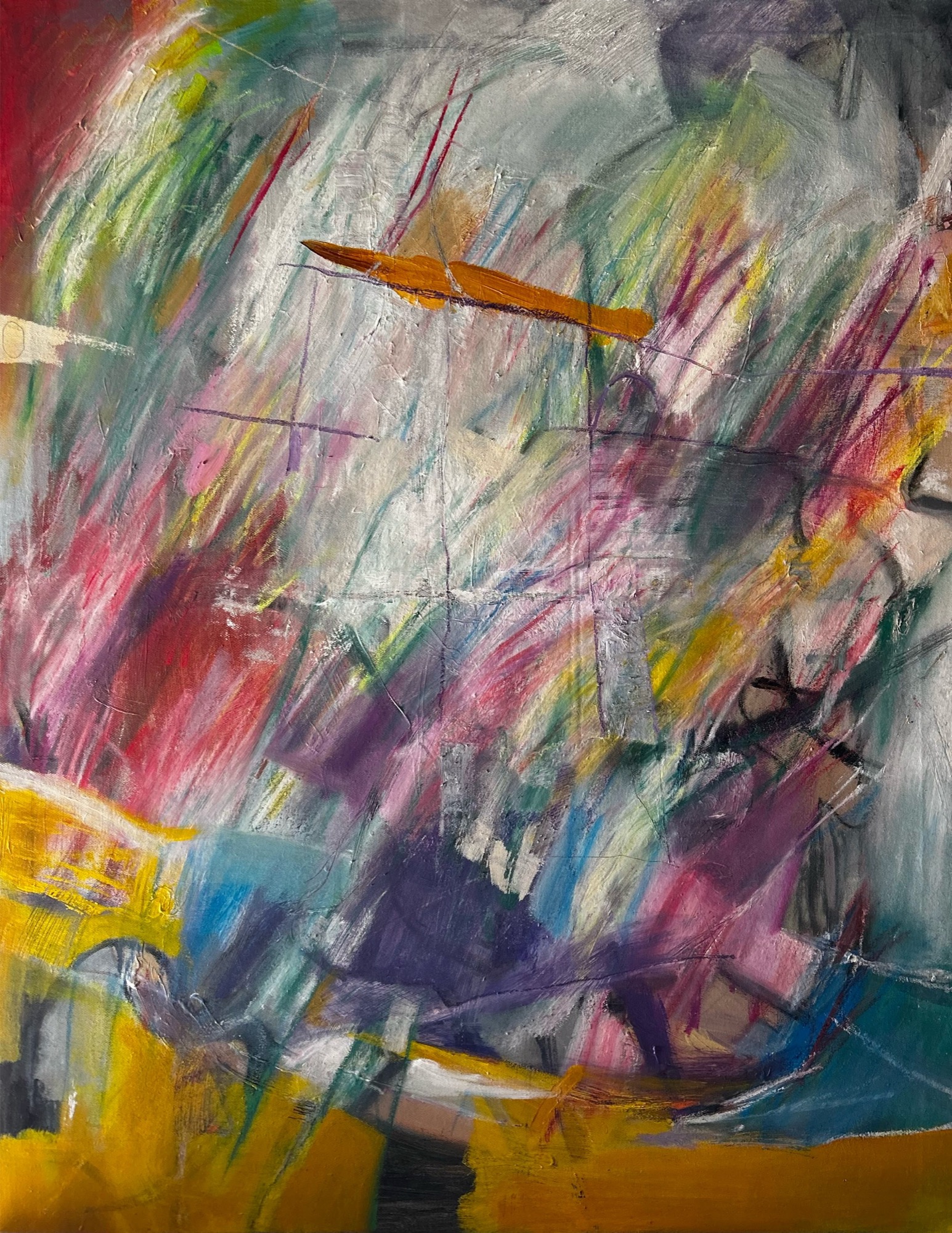 Sweeping gestural abstraction in pink and purple